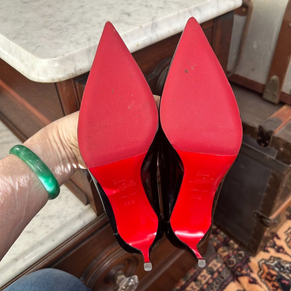 Christian Louboutin Black Patent Leather Pointed-Toe Pumps with Red Soles - Picture 5 of 6